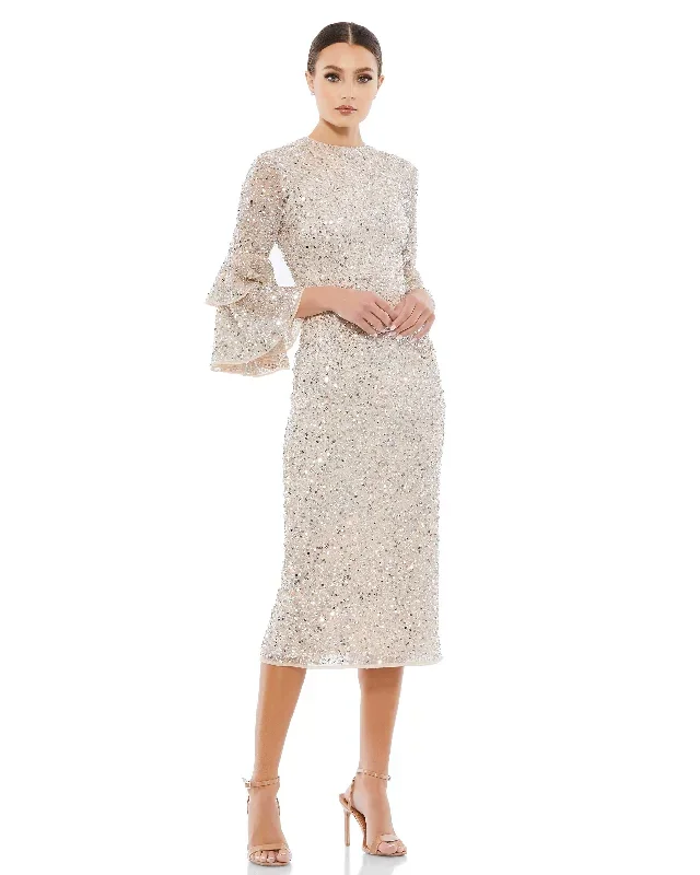 Fully Sequined Ruffle Tiered 3/4 Sleeve Midi Dress