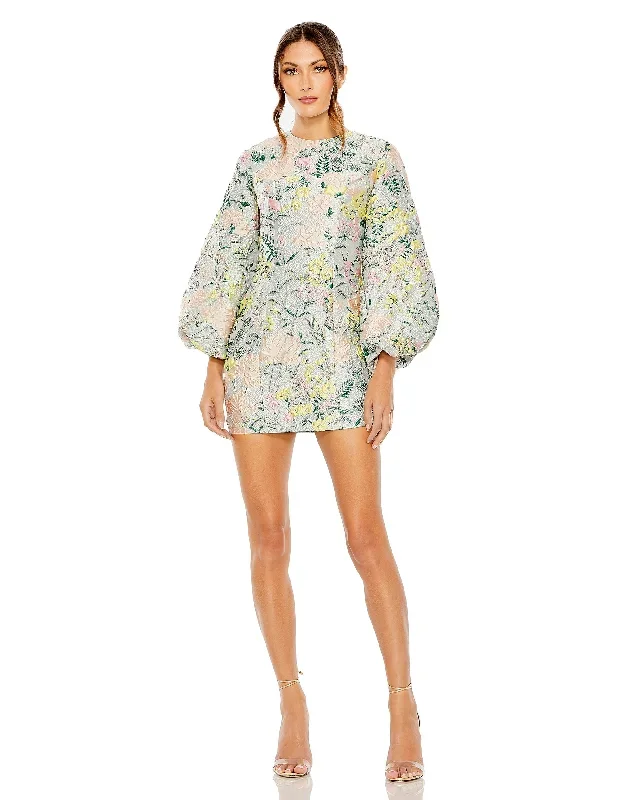 Floral Brocade Puff Sleeve Fitted Mini Dress