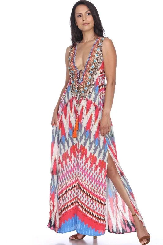 MODA 2 Slit Maxi Dress with Front Pockets and Beaded Neckline | Maxi Women's Dresses