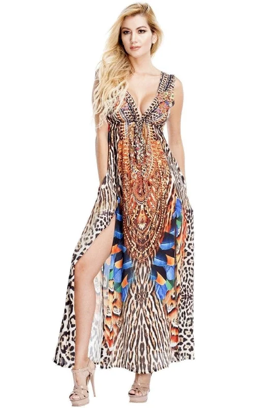 Nature Print 2 Slit Maxi Dress with front Pockets | Luxury Kaftan maxi dresses and tunics