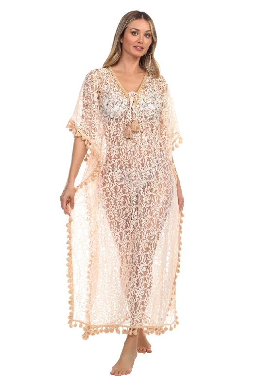 Perfect Fit sheer long lace kaftan cover up by La Moda