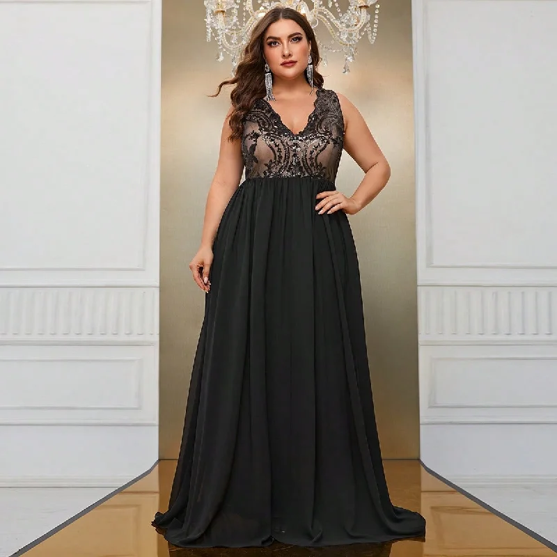 NiDELL Amazon plus Size Sequined Dress Chiffon V-neck Long Dress Light Luxury Banquet Evening Gown-Fmgt540