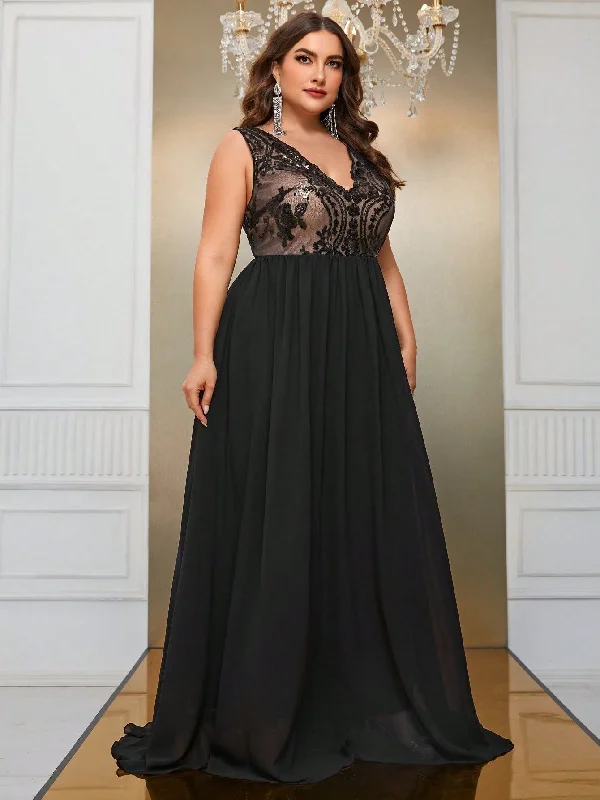 NiDELL Amazon plus Size Sequined Dress Chiffon V-neck Long Dress Light Luxury Banquet Evening Gown-Fmgt540