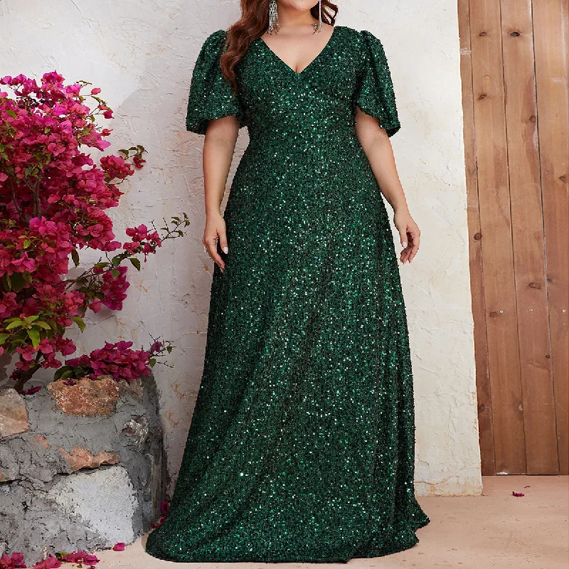 NiDELL Cross-Border European and American Sequin Formal Dress plus Size Sequined V-neck Short Sleeve and Long Pattern Formal Dress-Fmgj501