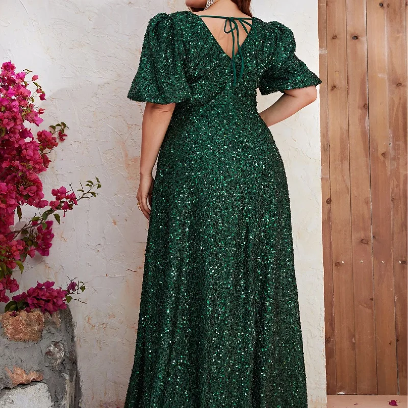 NiDELL Cross-Border European and American Sequin Formal Dress plus Size Sequined V-neck Short Sleeve and Long Pattern Formal Dress-Fmgj501