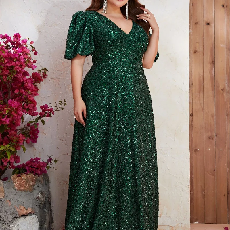 NiDELL Cross-Border European and American Sequin Formal Dress plus Size Sequined V-neck Short Sleeve and Long Pattern Formal Dress-Fmgj501