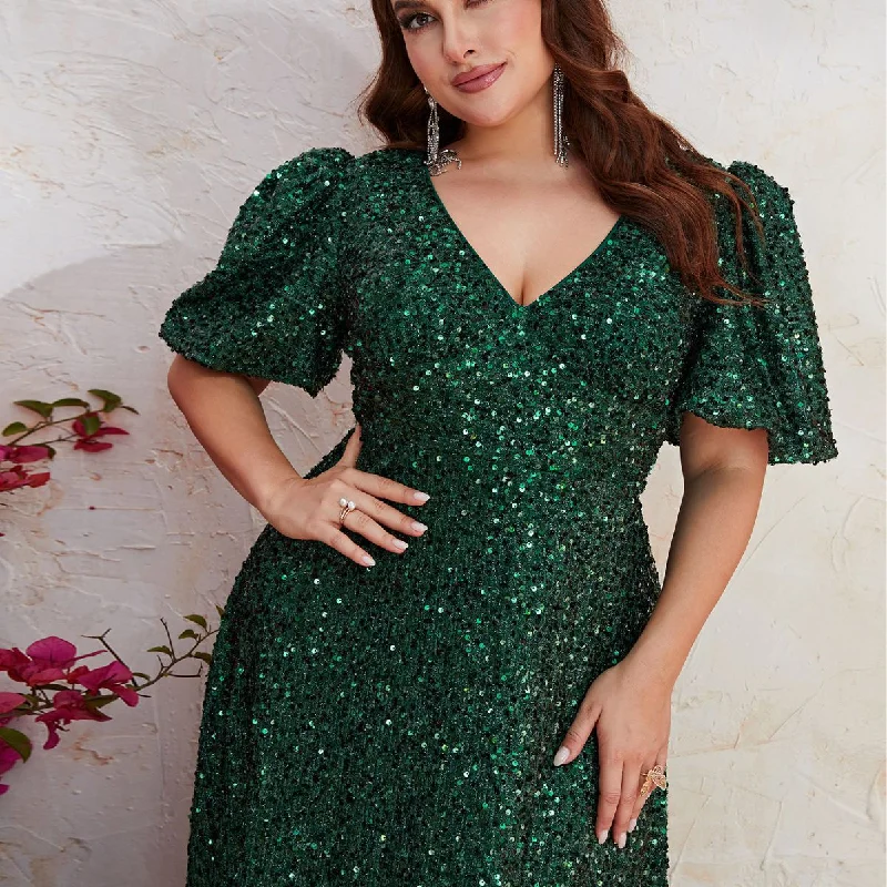 NiDELL Cross-Border European and American Sequin Formal Dress plus Size Sequined V-neck Short Sleeve and Long Pattern Formal Dress-Fmgj501