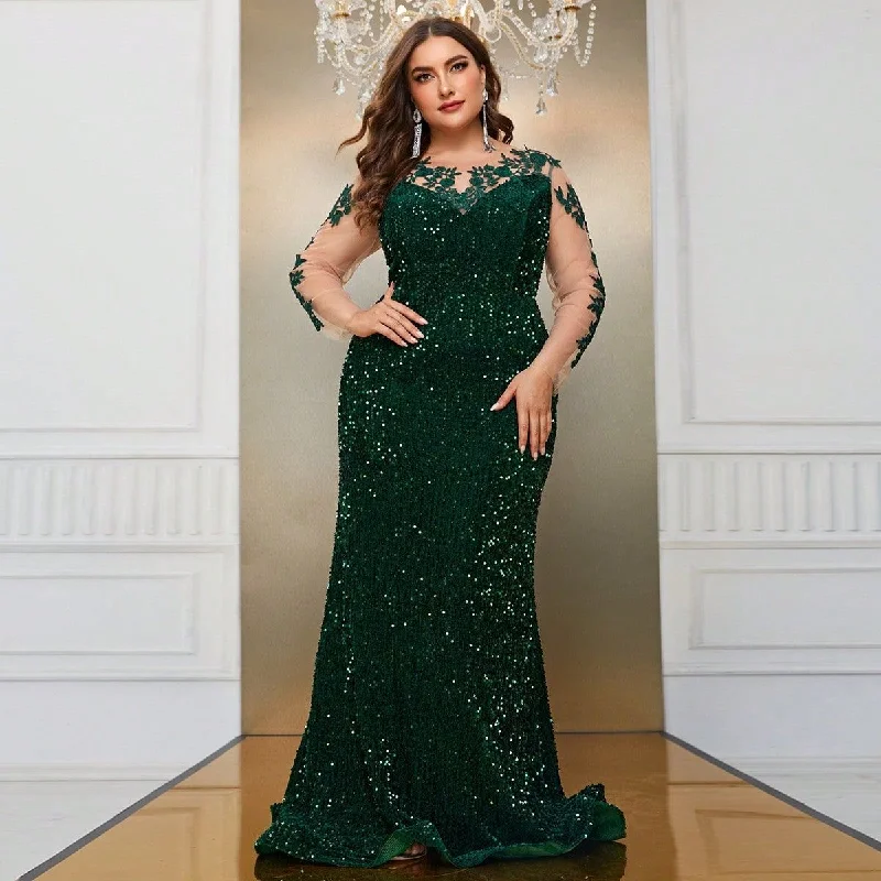 NiDELL Cross-Border plus Size Mesh Sequins Stitching Long Sleeve Three-Dimensional Flower Evening Dress Banquet Fishtail Dress-Fsst2087