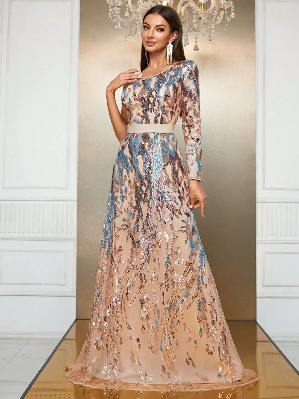 NiDELL Cross-Border Sequined One-Shoulder Sleeve Evening Dress Fashion Elegant Dress European and American New Graceful Formal Dress-Mgn776