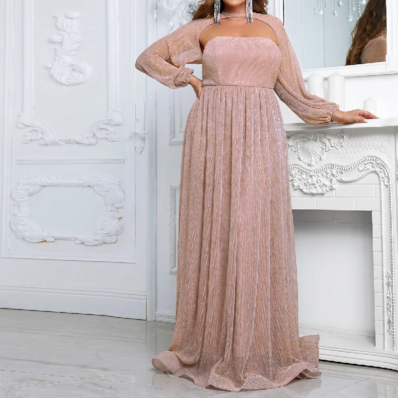 NiDELL Europe and America Cross Border plus Size Gown Halter Raglan Long Sleeves Dress High-End Design Evening Gown-Fssn225