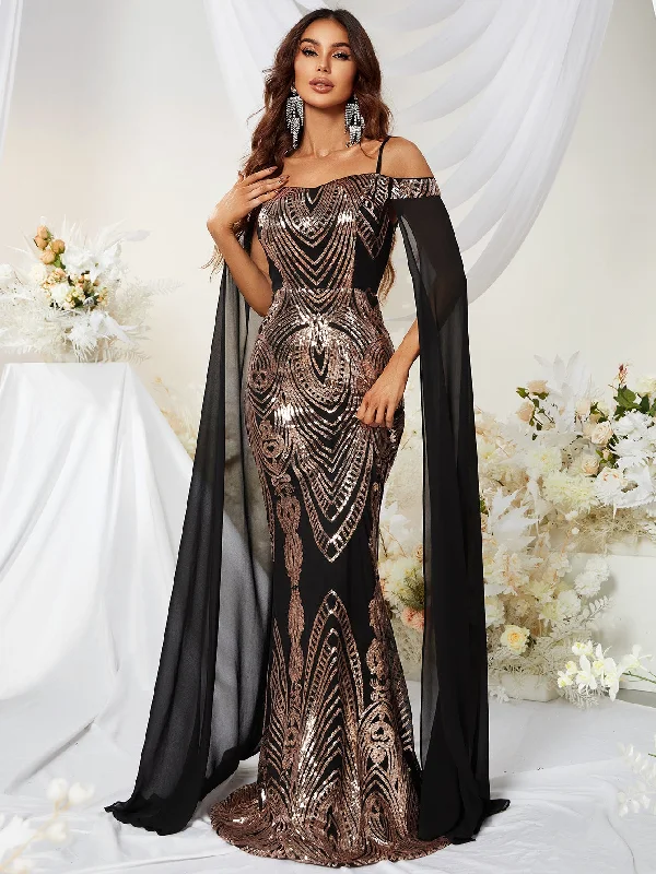 NiDELL European and American New Dress Sequin off-the-Shoulder Sling Ball Evening Dress Waist Hip-Wrapped Fishtail Dress-Sst2006