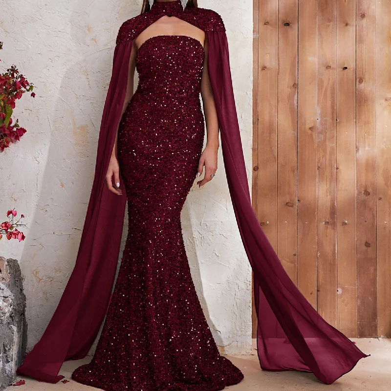 NiDELL European and American New High-End Evening Dress Sequined Halter Shawl Chiffon Long Sleeve Dress Fishtail Dress-MGT610-2