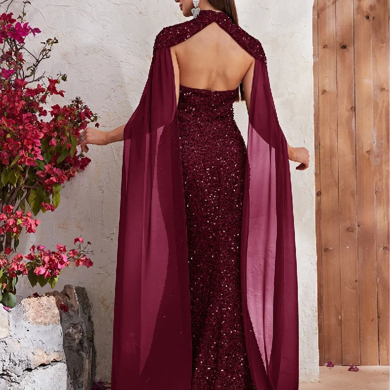 NiDELL European and American New High-End Evening Dress Sequined Halter Shawl Chiffon Long Sleeve Dress Fishtail Dress-MGT610-2