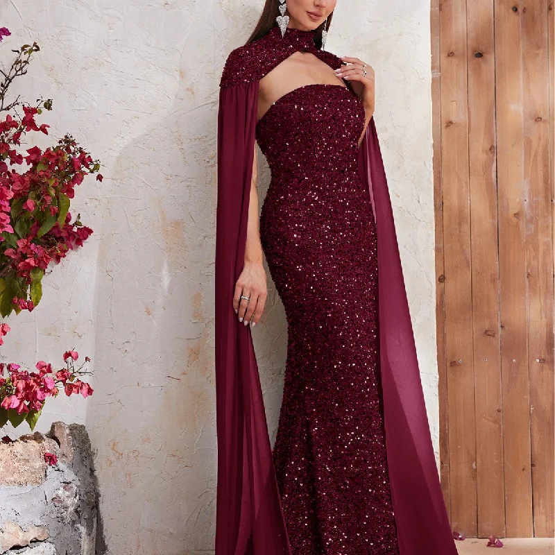 NiDELL European and American New High-End Evening Dress Sequined Halter Shawl Chiffon Long Sleeve Dress Fishtail Dress-MGT610-2