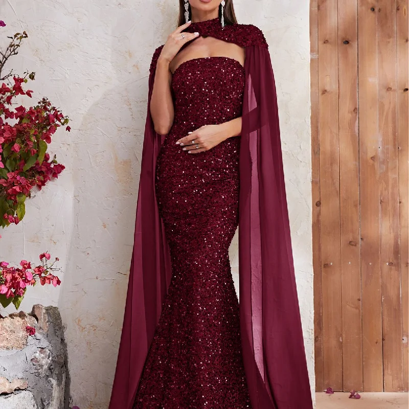 NiDELL European and American New High-End Evening Dress Sequined Halter Shawl Chiffon Long Sleeve Dress Fishtail Dress-MGT610-2