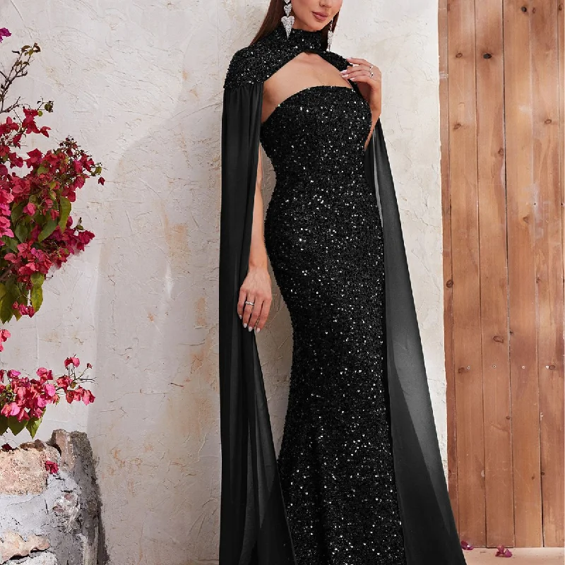 NiDELL European and American Party Dress Sequined Halter Matching Chiffon Long Sleeve Advanced Design Dress Fishtail Dress-MGT610-1