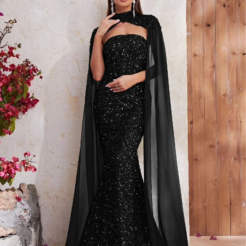 NiDELL European and American Party Dress Sequined Halter Matching Chiffon Long Sleeve Advanced Design Dress Fishtail Dress-MGT610-1