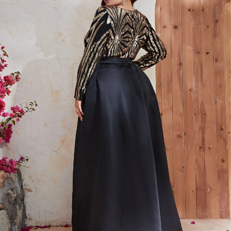 NiDELL European and American plus Size Evening Dress Hot Sale Heavy Embroidery Sequins V-neck Long Sleeve Evening Long Dress Can Be Worn in Two Ways-Fmg285