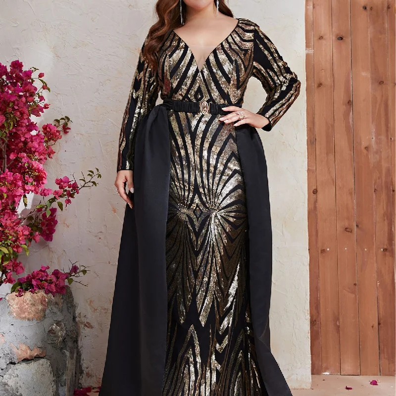 NiDELL European and American plus Size Evening Dress Hot Sale Heavy Embroidery Sequins V-neck Long Sleeve Evening Long Dress Can Be Worn in Two Ways-Fmg285