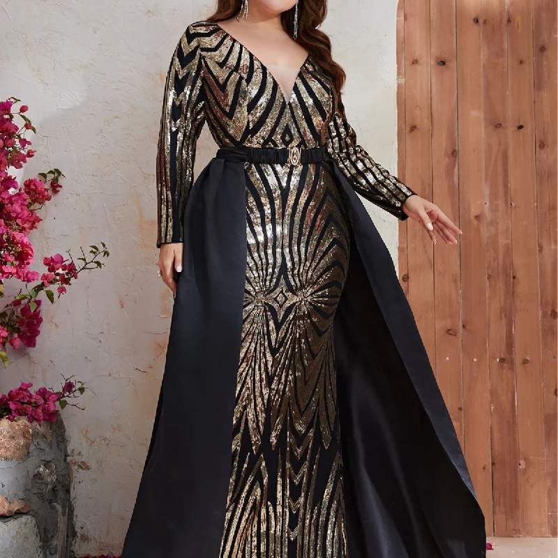 NiDELL European and American plus Size Evening Dress Hot Sale Heavy Embroidery Sequins V-neck Long Sleeve Evening Long Dress Can Be Worn in Two Ways-Fmg285