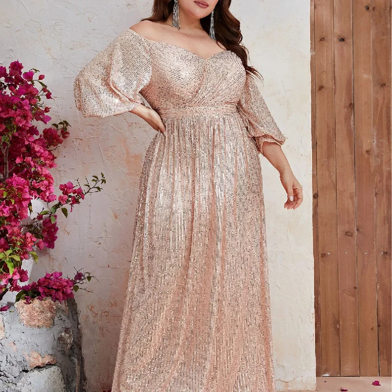 NiDELL Foreign Trade plus Size Women's Dinner Sequined Dress off-Shoulder Mid-Sleeve Long Floor Dress-Fmgt633