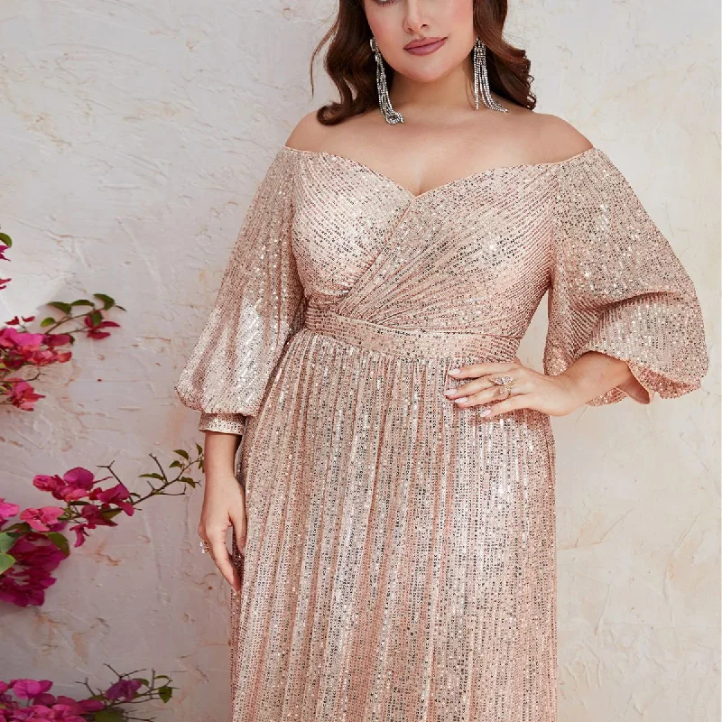 NiDELL Foreign Trade plus Size Women's Dinner Sequined Dress off-Shoulder Mid-Sleeve Long Floor Dress-Fmgt633