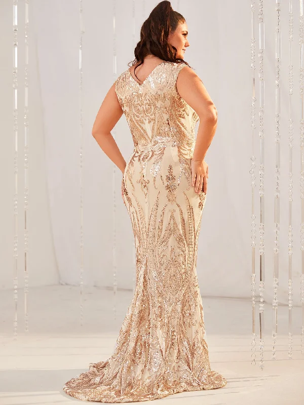 NiDELL Hot Sale Large Size Deep V-neck Sleeveless Long Sequined Pattern Sheath Fishtail Trailing Elegant Dress-Fp180