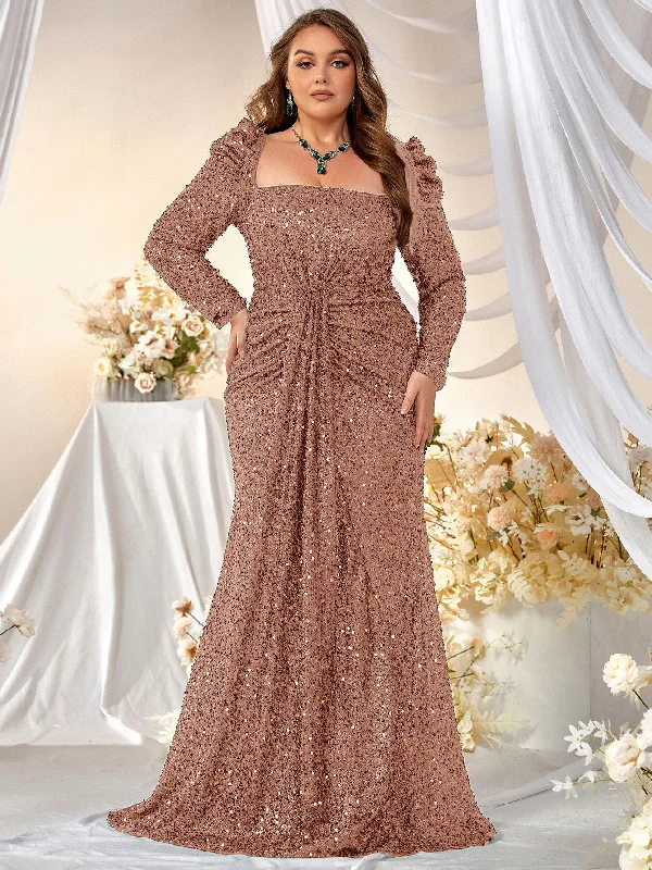 NiDELL Hot Sale plus Size Light Luxury Evening Dress Sequined Square Collar Long Sleeve Prom Party Dress Fishtail Dress-Fmgw447