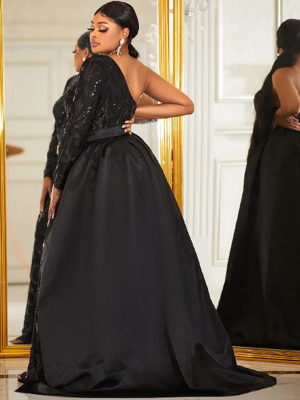 NiDELL Large Size New Black Dress Sequined off-Shoulder One-Sleeve Prom Party Dress Fishtail Dress-Fssl6091