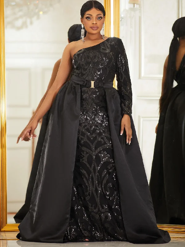 NiDELL Large Size New Black Dress Sequined off-Shoulder One-Sleeve Prom Party Dress Fishtail Dress-Fssl6091