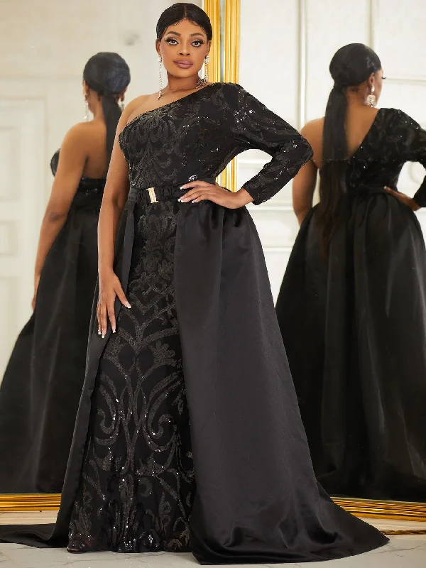 NiDELL Large Size New Black Dress Sequined off-Shoulder One-Sleeve Prom Party Dress Fishtail Dress-Fssl6091