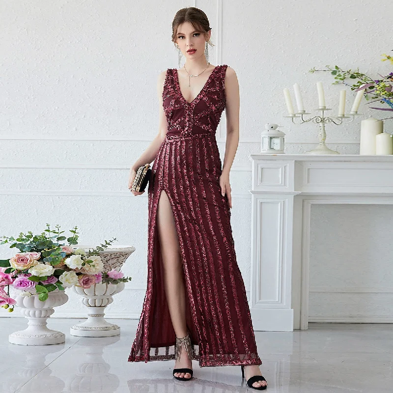 NiDELL New Heavy Industry Manual Beaded Dress Long Dress Sequined Beaded Long Dress Prom Party Gown-S023