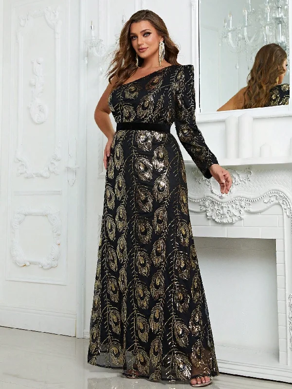 NiDELL New plus Size Evening Dress Sequined One-Shoulder Sleeve Party Dress Advanced Light Luxury Dress-Fmgn772