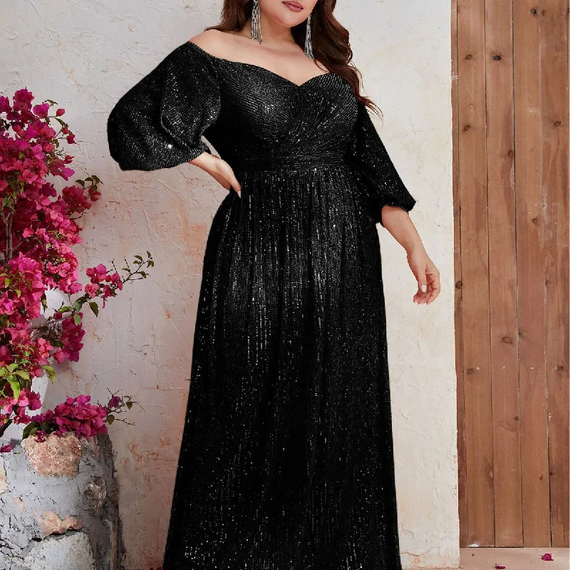 NiDELL New plus Size Party Evening Dress Sequined off-Shoulder Mid-Sleeve Long Evening Dress-FMGT633-2