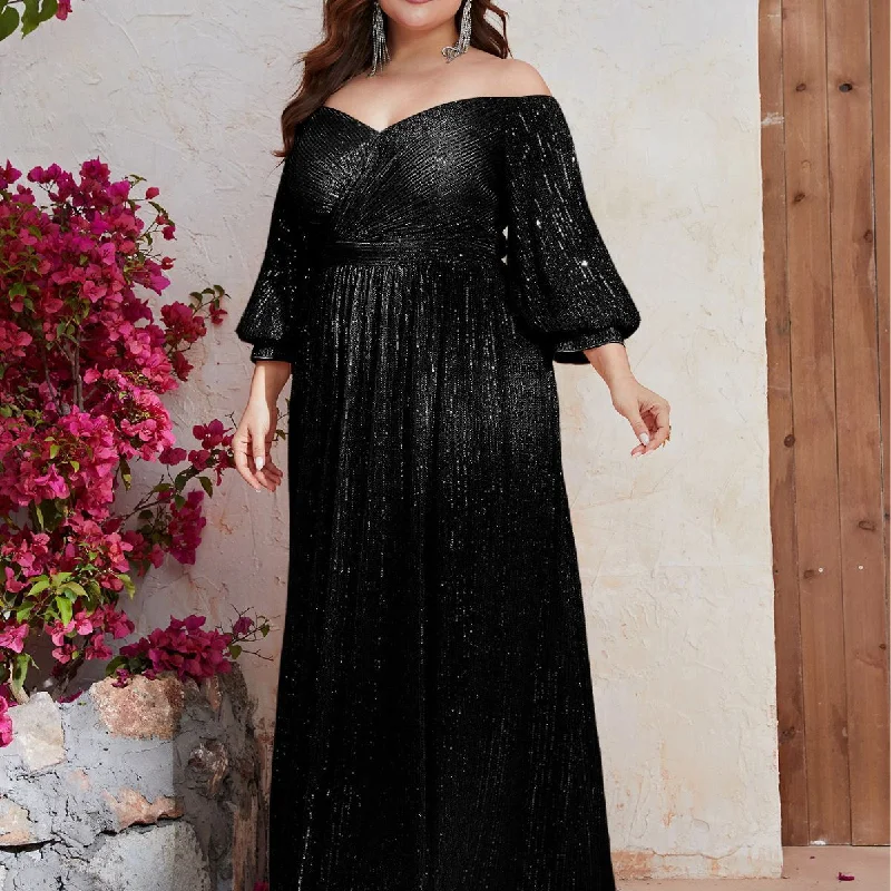 NiDELL New plus Size Party Evening Dress Sequined off-Shoulder Mid-Sleeve Long Evening Dress-FMGT633-2