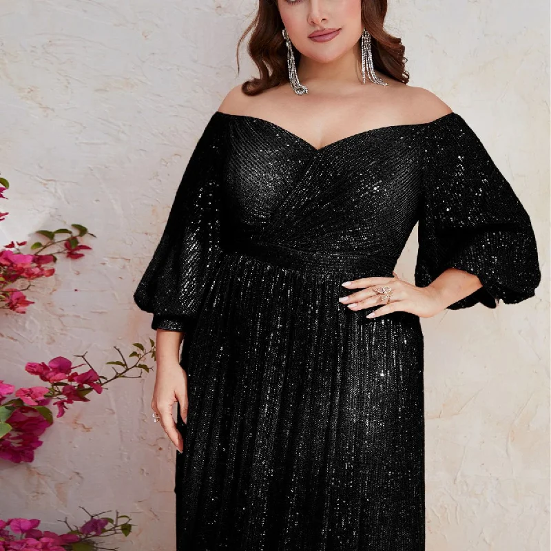 NiDELL New plus Size Party Evening Dress Sequined off-Shoulder Mid-Sleeve Long Evening Dress-FMGT633-2