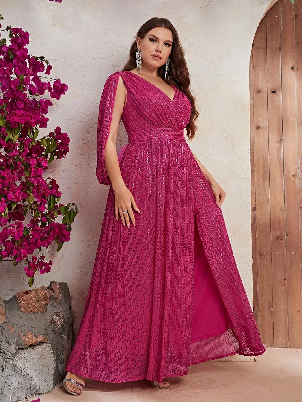 NiDELL New Products in Stock Rose Red Dress Large Size Sequin V-neck Banquet Light Luxury Evening Long Dress-FMGJ436-4