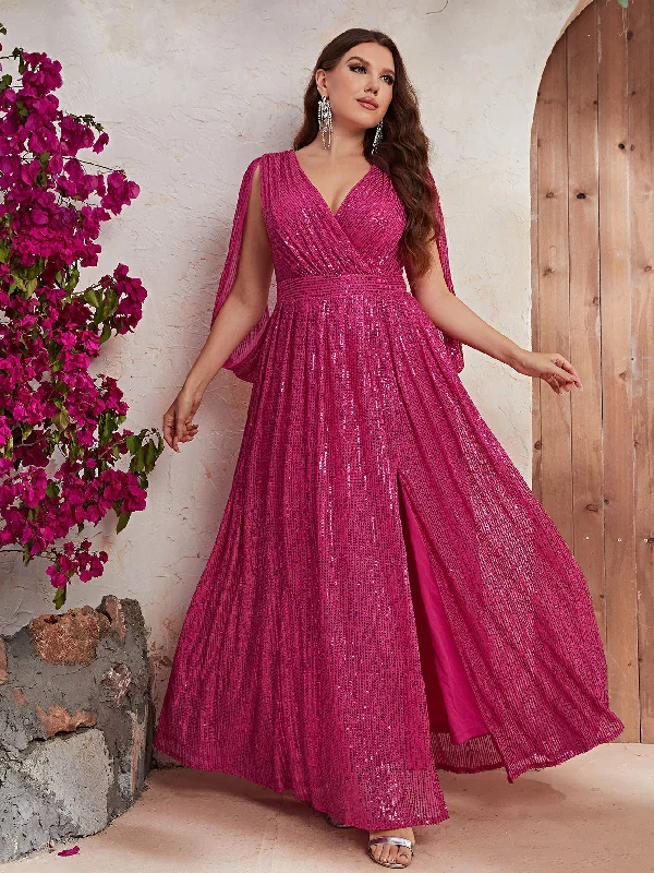 NiDELL New Products in Stock Rose Red Dress Large Size Sequin V-neck Banquet Light Luxury Evening Long Dress-FMGJ436-4