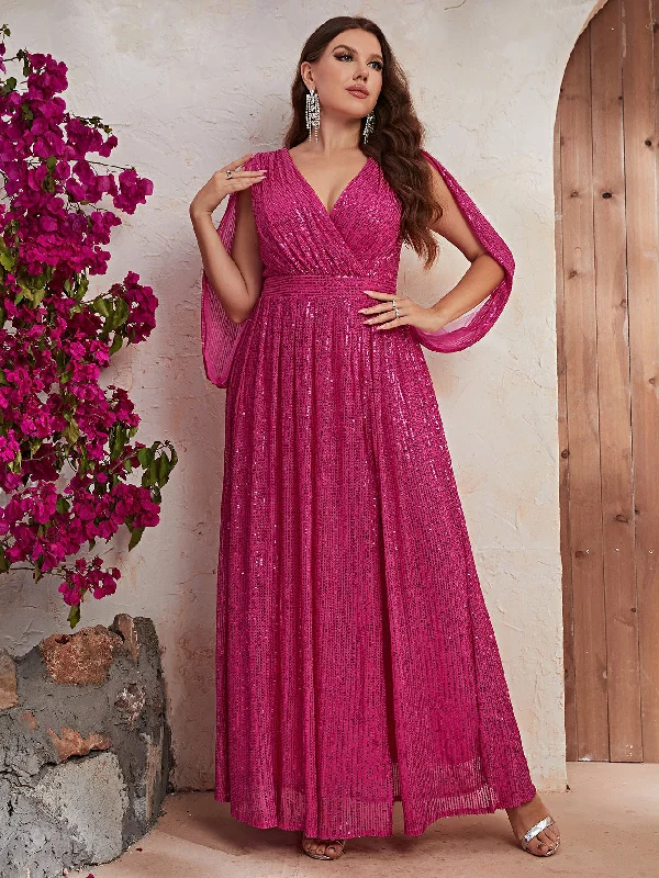 NiDELL New Products in Stock Rose Red Dress Large Size Sequin V-neck Banquet Light Luxury Evening Long Dress-FMGJ436-4