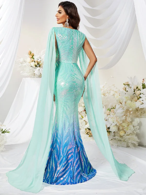 NiDELL . New Sequined V-neck Long Sleeve Mermaid Prom Evening Dress Fishtail Dress Gradient-Mgj478