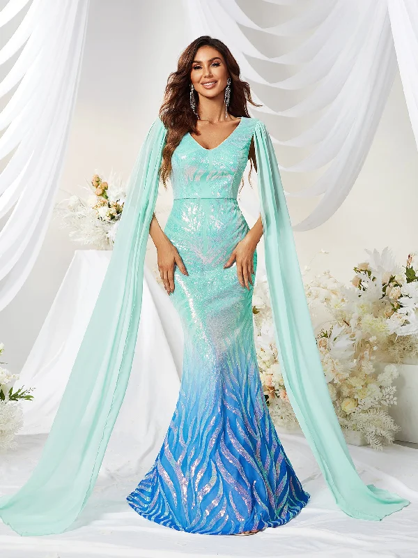 NiDELL . New Sequined V-neck Long Sleeve Mermaid Prom Evening Dress Fishtail Dress Gradient-Mgj478