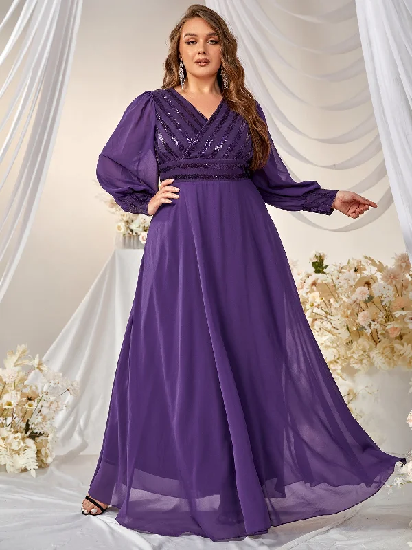 NiDELL Plus Size Purple Dress Chiffon Stitching Long Sleeve Striped Sequin V-neck Prom Evening Long Dress FPD019-3