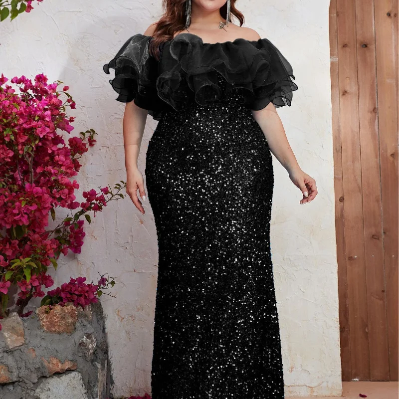 NiDELL Plus Size Sequin Formal Dress Sequin Ruffled One-Neck Prom Evening Dress Fishtail Dress-FPD017-5