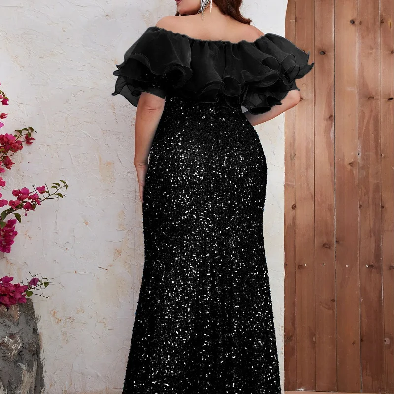 NiDELL Plus Size Sequin Formal Dress Sequin Ruffled One-Neck Prom Evening Dress Fishtail Dress-FPD017-5