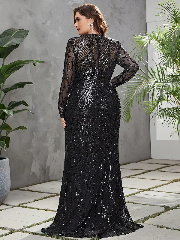 NiDELL Plus Size Sequined Sexy Evening Dress Sexy Deep V-neck Long Sleeve High Slit Sequins Dress Gown-Fps011