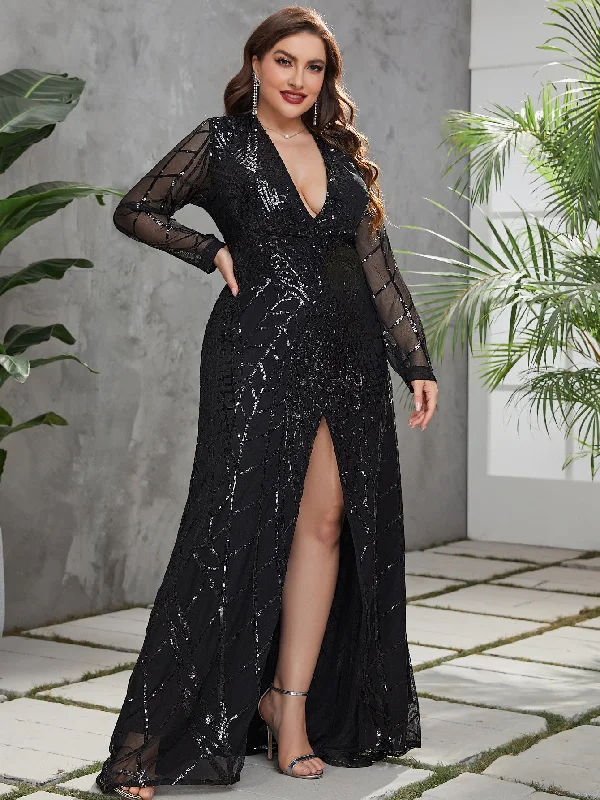 NiDELL Plus Size Sequined Sexy Evening Dress Sexy Deep V-neck Long Sleeve High Slit Sequins Dress Gown-Fps011