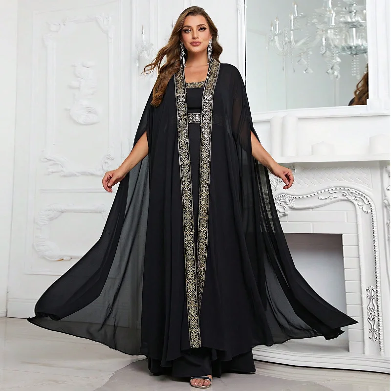 NiDELL Plus Size Two-Piece Suit Dress Middle East Ethnic Style Black Long Dress plus Robe Two-Way Suit-Fps383