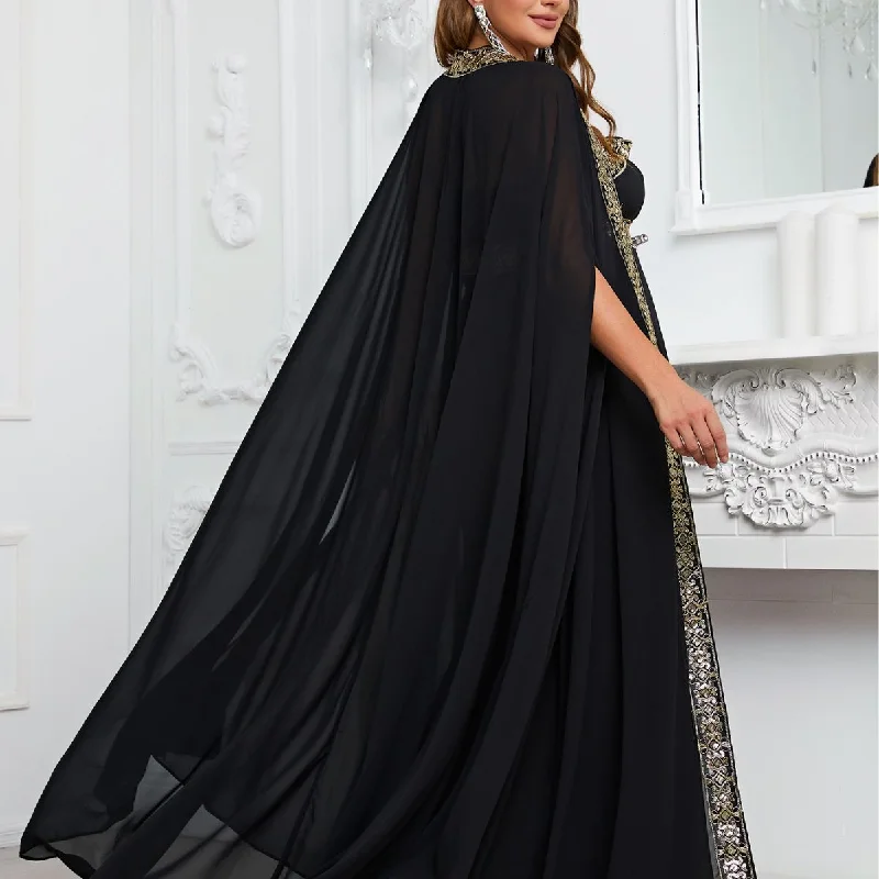 NiDELL Plus Size Two-Piece Suit Dress Middle East Ethnic Style Black Long Dress plus Robe Two-Way Suit-Fps383