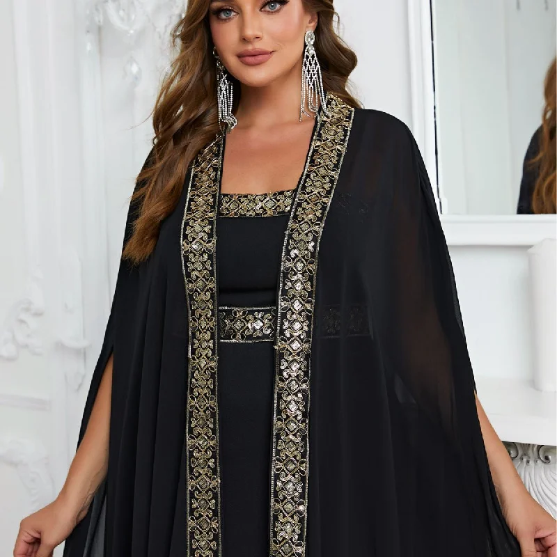 NiDELL Plus Size Two-Piece Suit Dress Middle East Ethnic Style Black Long Dress plus Robe Two-Way Suit-Fps383