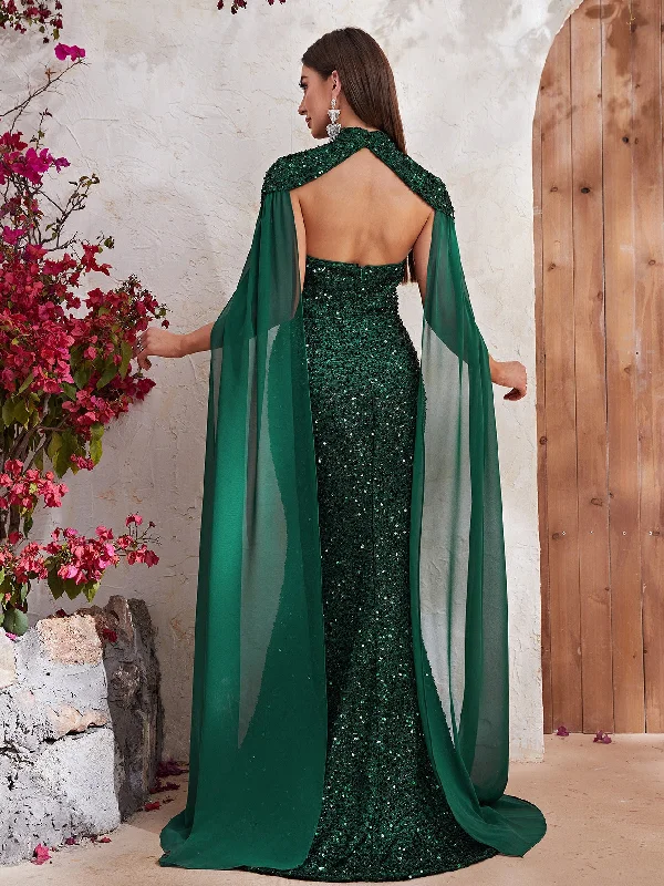 NiDELL Popular Cross-Border Evening Dress Fashion Heavy Embroidery Sequins Halter Chiffon Long Sleeve Dress Fishtail Dress-Mgt610